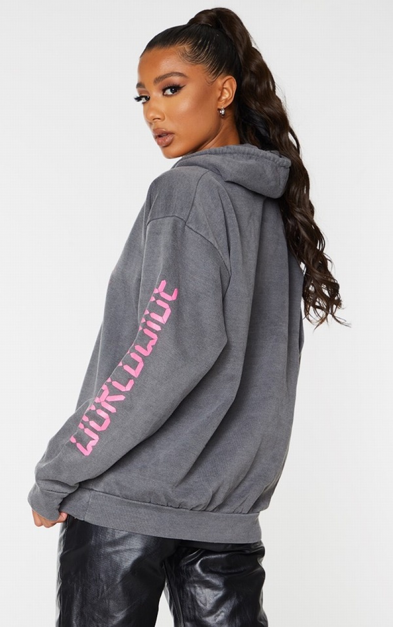 Grey Pretty Little Thing Worldwide Graphic Oversized Hoodie | HTRUILN-48