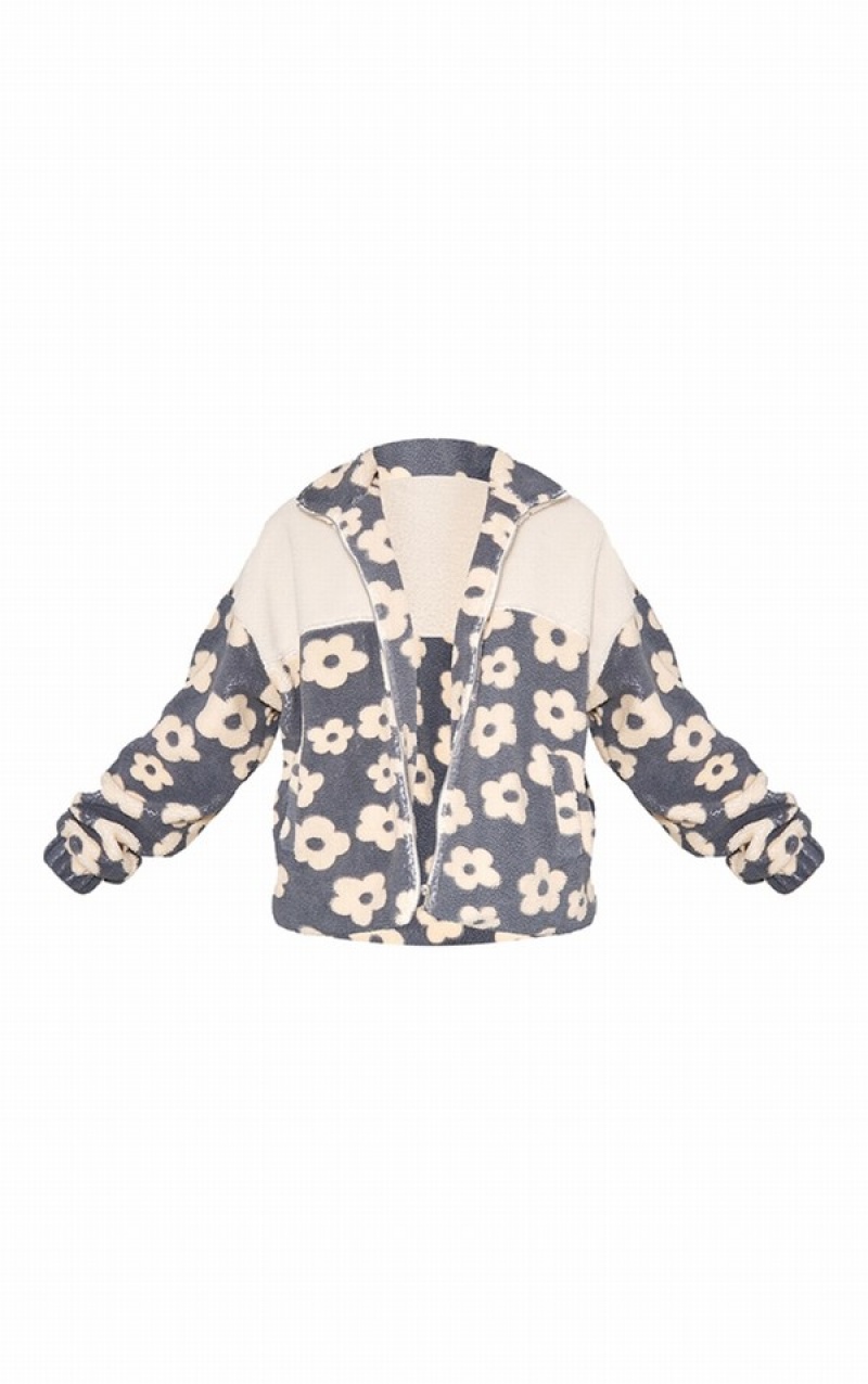 Grey Pretty Little Thing and Flower Print Teddy Jackets | IQJFVGT-63