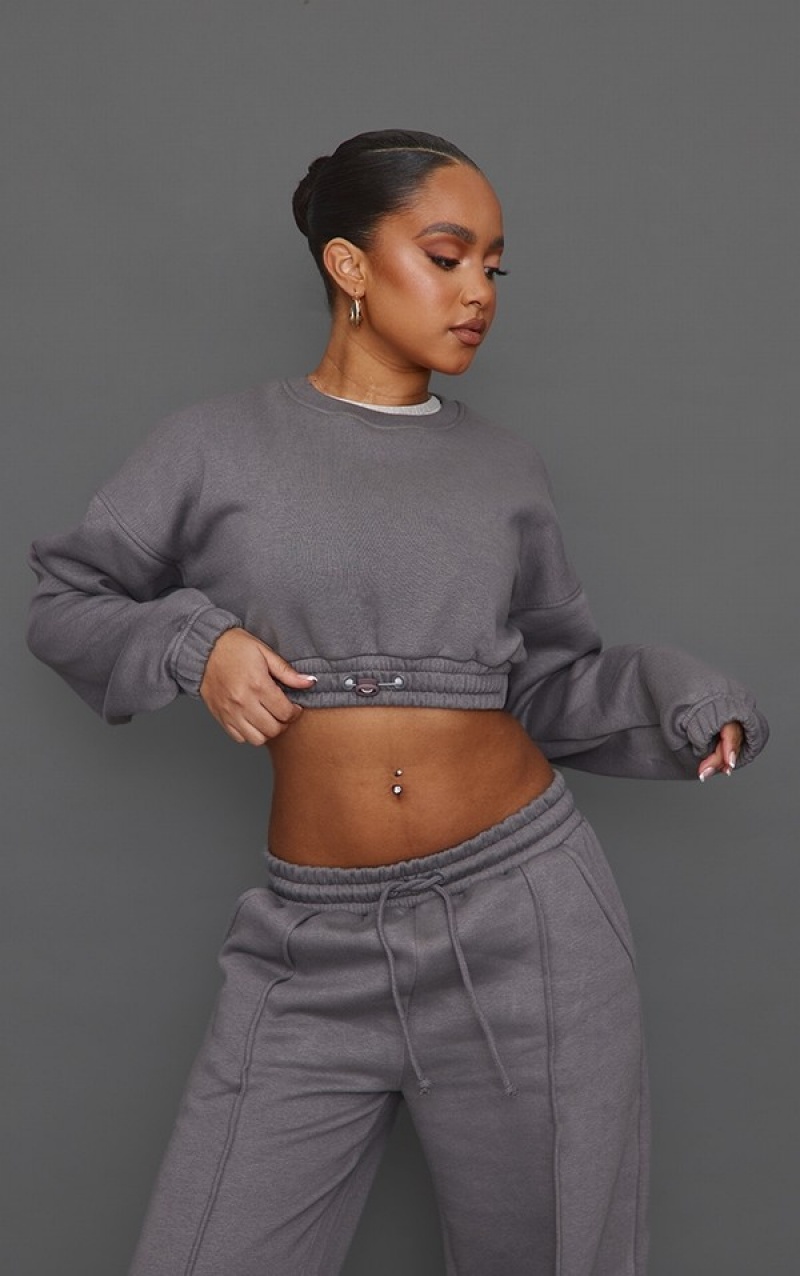 Grey / Blue Pretty Little Thing Petite Steel Cropped Elasticated Sweatshirts | DQHENAX-78