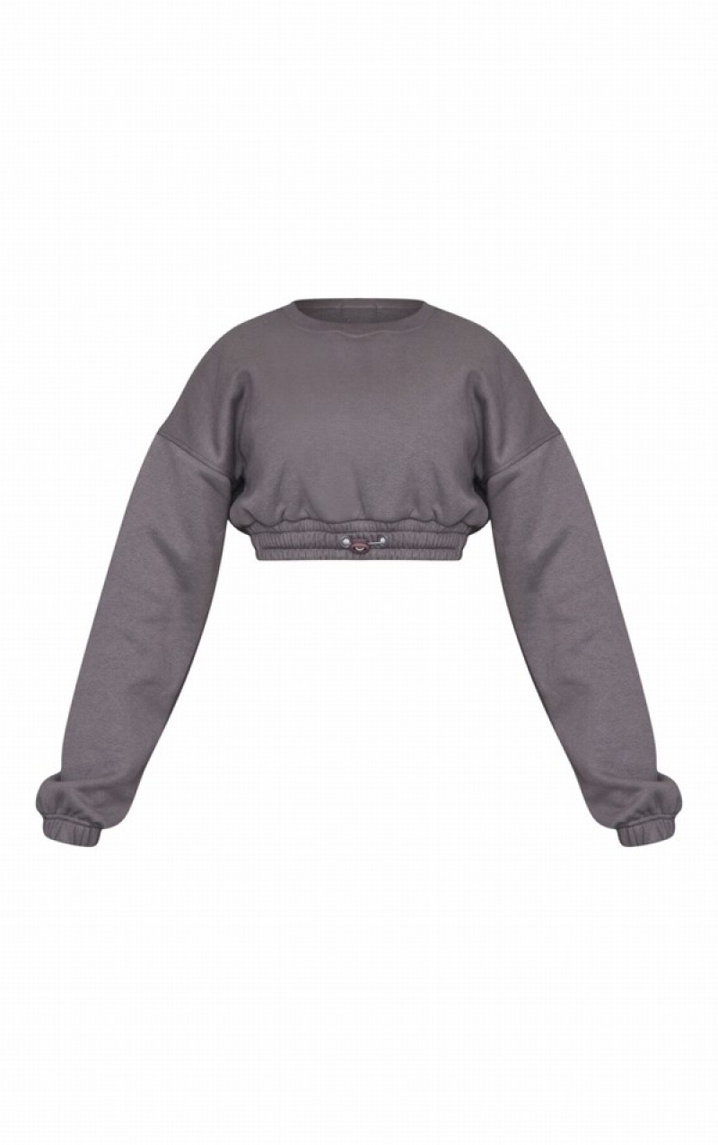 Grey / Blue Pretty Little Thing Petite Steel Cropped Elasticated Sweatshirts | DQHENAX-78