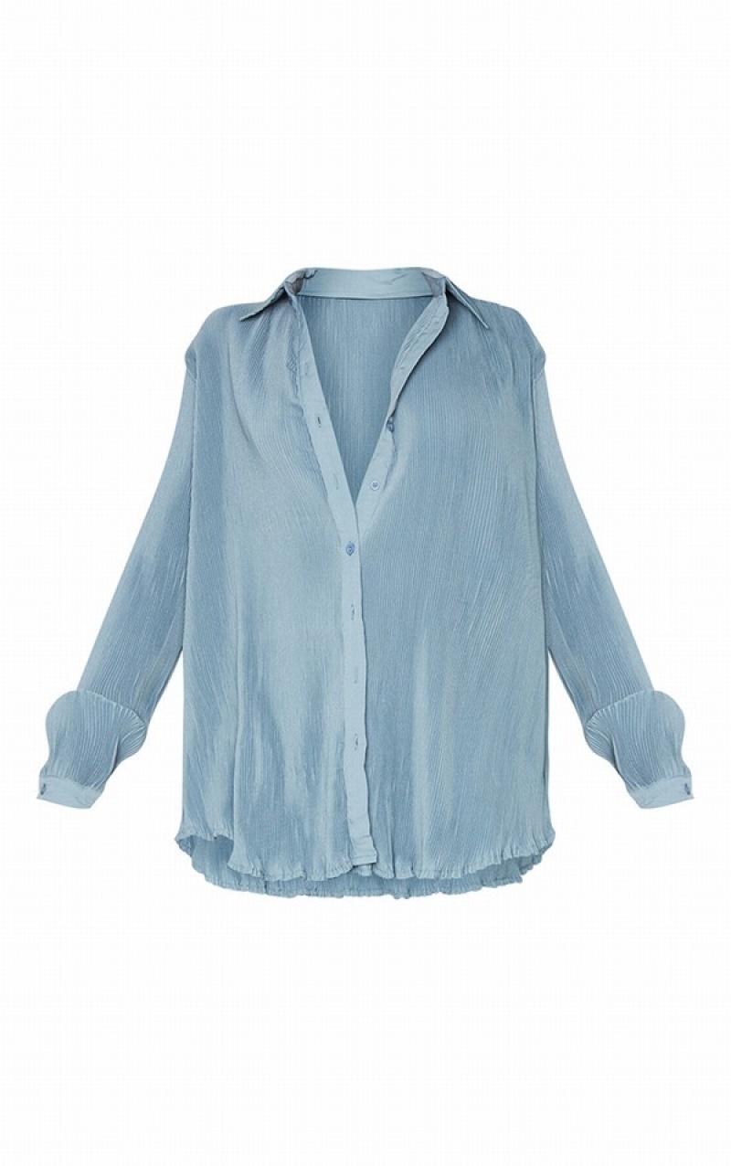 Grey / Blue Pretty Little Thing Steel Plisse Button Front Oversized Shirts | VJFPHYK-89