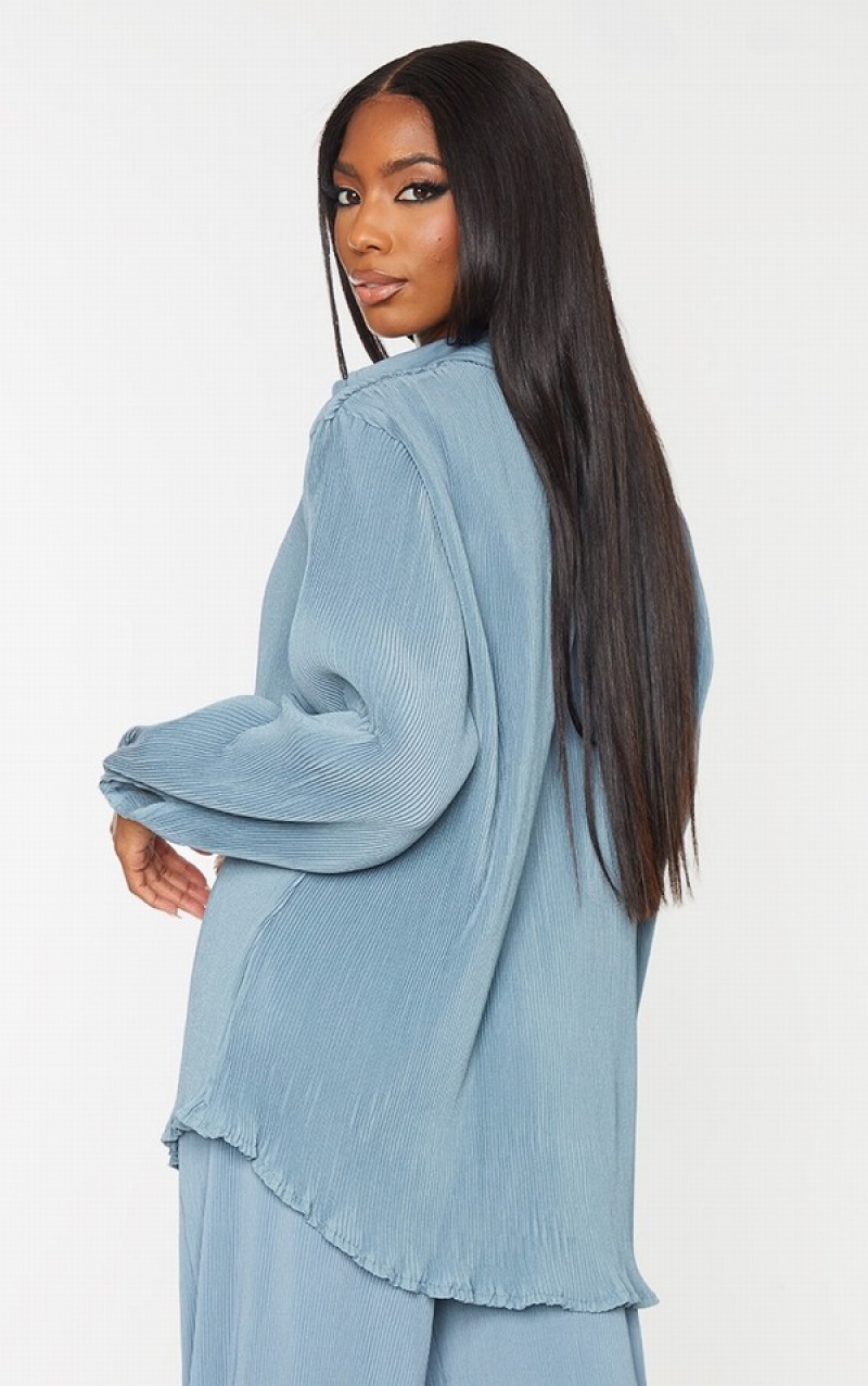 Grey / Blue Pretty Little Thing Steel Plisse Button Front Oversized Shirts | VJFPHYK-89