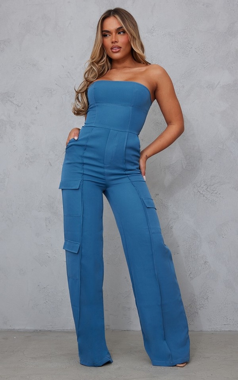 Grey / Blue Pretty Little Thing Steel Woven Cargo Bandeau Pocket Detail Jumpsuits | VUBKELA-71