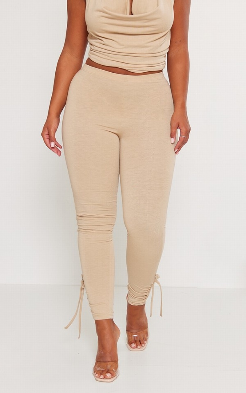 Grey / Brown Pretty Little Thing Shape Taupe Contour Jersey Ruched Cuff Leggings | EXQNCAV-65