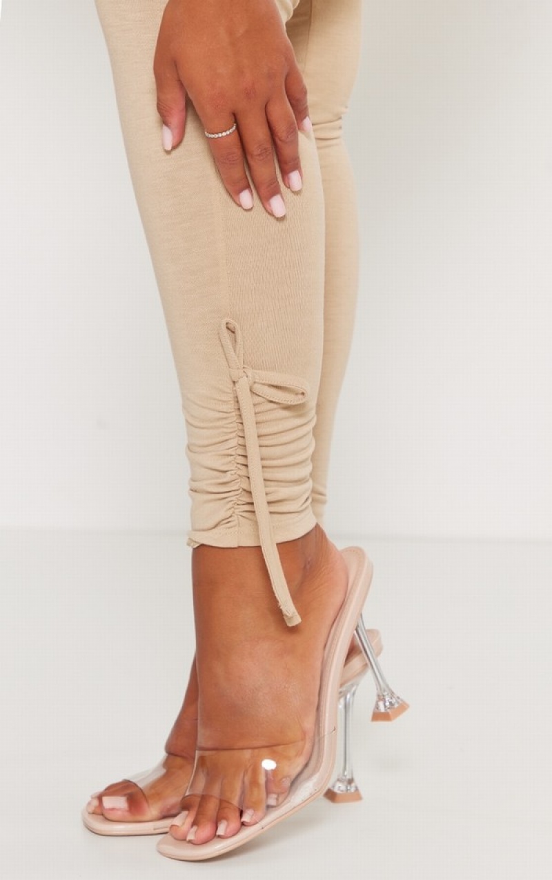 Grey / Brown Pretty Little Thing Shape Taupe Contour Jersey Ruched Cuff Leggings | EXQNCAV-65