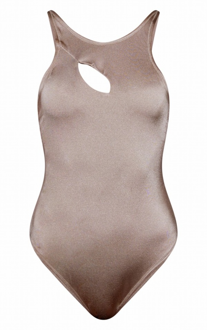 Grey / Brown Pretty Little Thing Taupe Cut Out High Neck Swimsuits | ADSLTVH-75