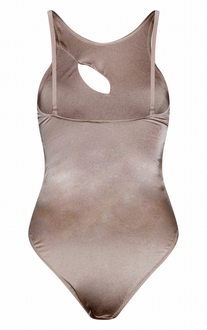 Grey / Brown Pretty Little Thing Taupe Cut Out High Neck Swimsuits | ADSLTVH-75