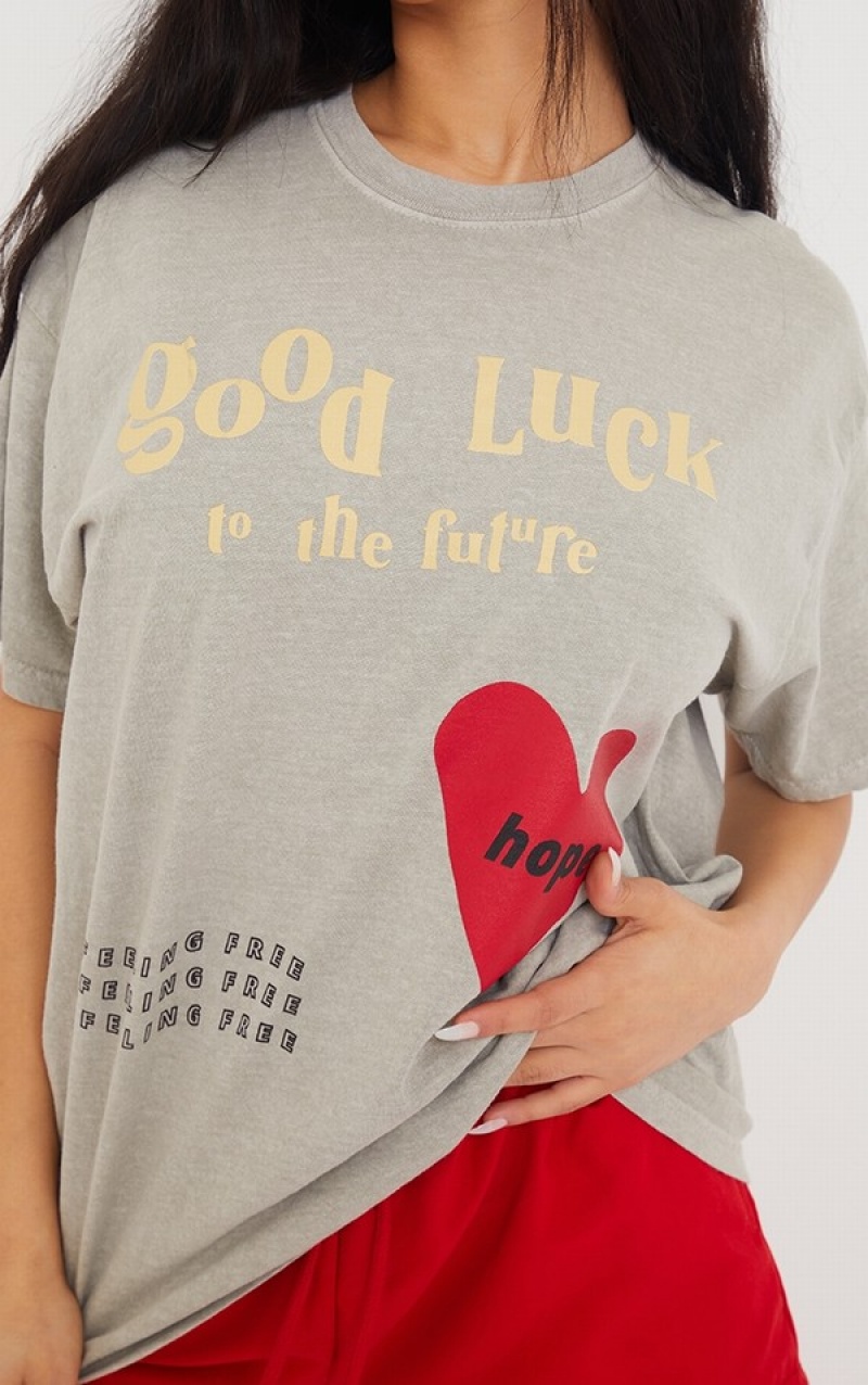 Grey / Brown Pretty Little Thing Taupe Good Luck Heart Print Washed T-shirts | CBSORMN-13