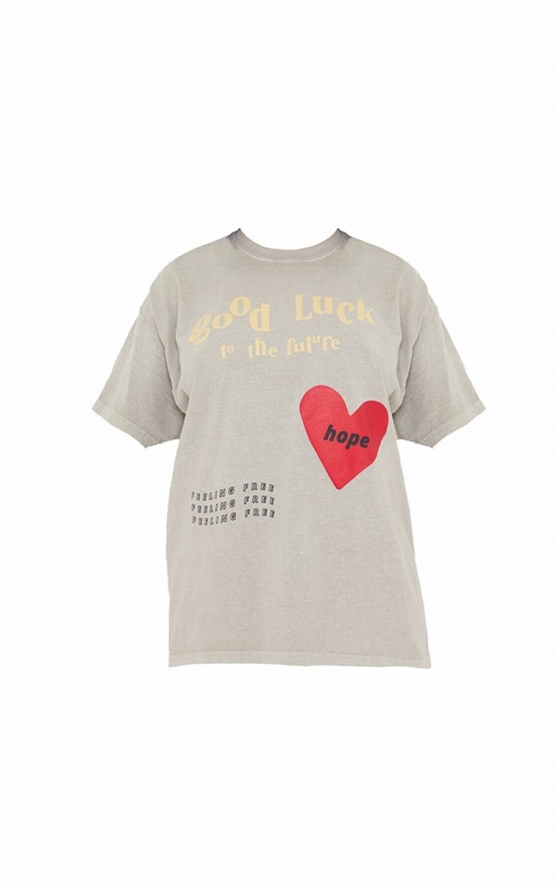 Grey / Brown Pretty Little Thing Taupe Good Luck Heart Print Washed T-shirts | CBSORMN-13