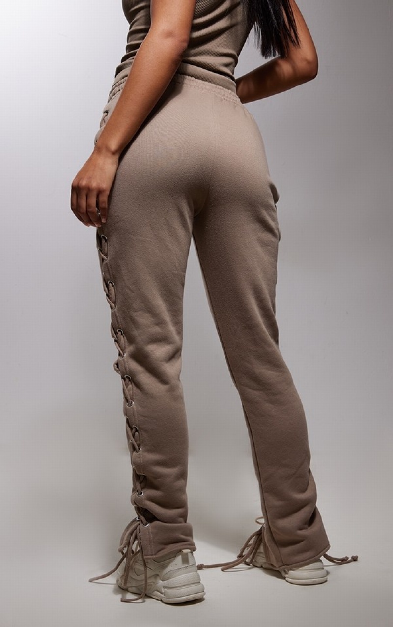 Grey / Brown Pretty Little Thing Taupe Lace Up Side Detail Oversized Sweatpants | IRUJTFD-41