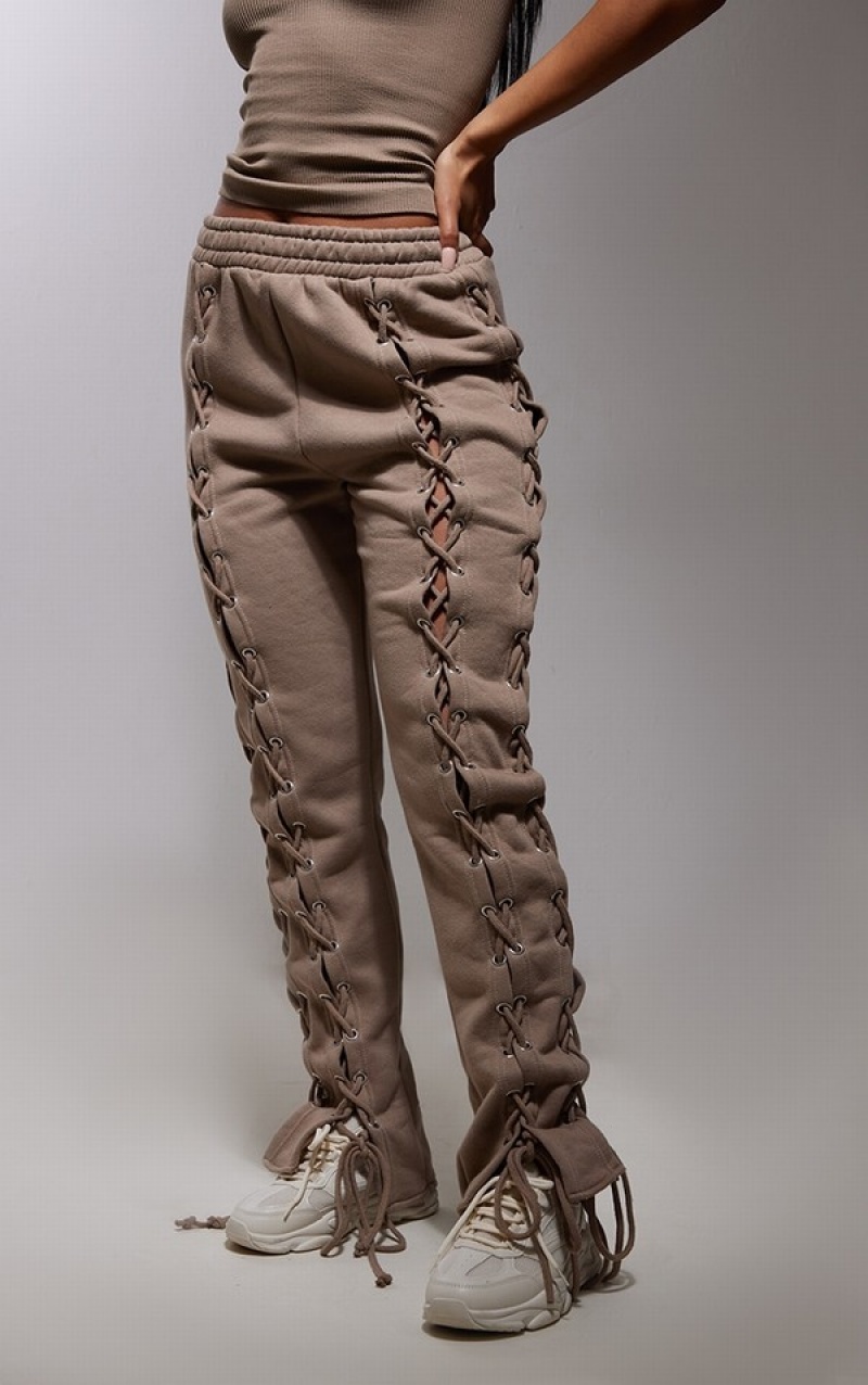 Grey / Brown Pretty Little Thing Taupe Lace Up Side Detail Oversized Sweatpants | IRUJTFD-41