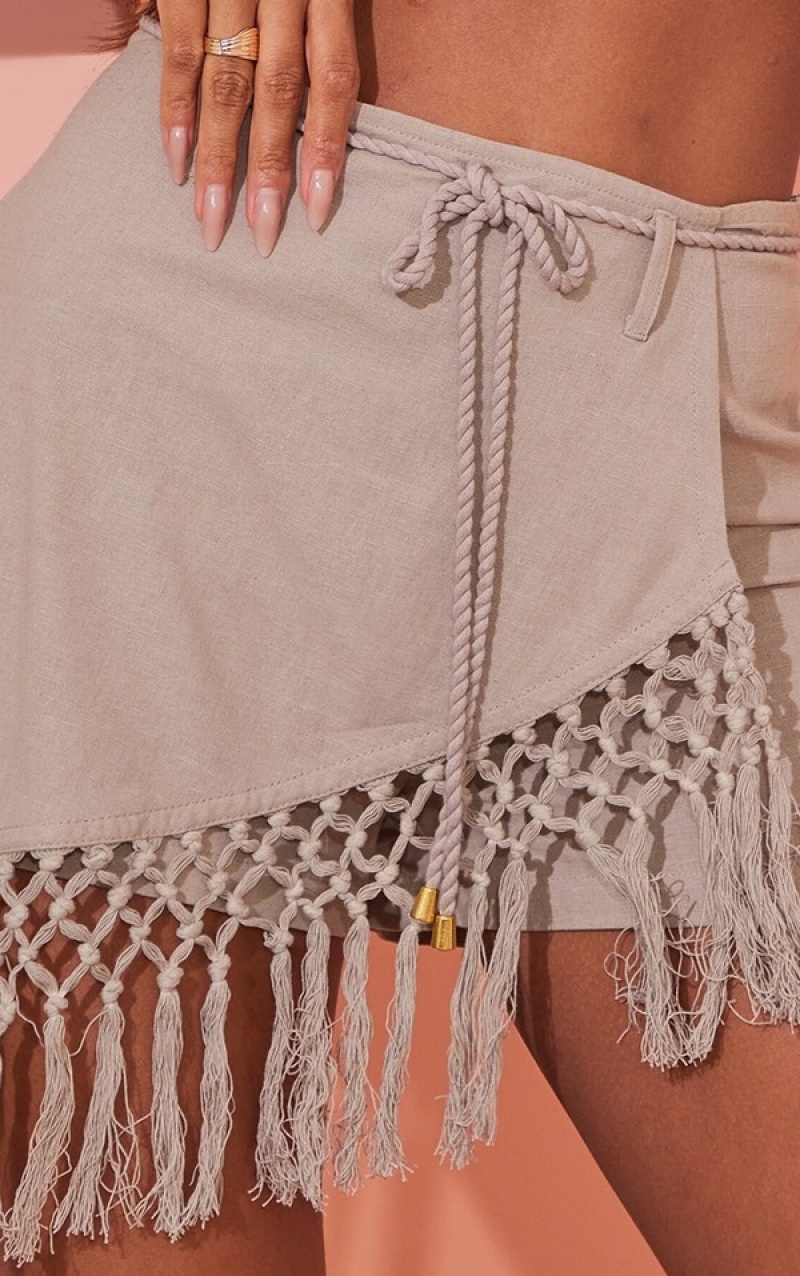 Grey / Brown Pretty Little Thing Taupe Linen Look Crochet Tassel Hem Wrap Shorts | IFQKANT-80