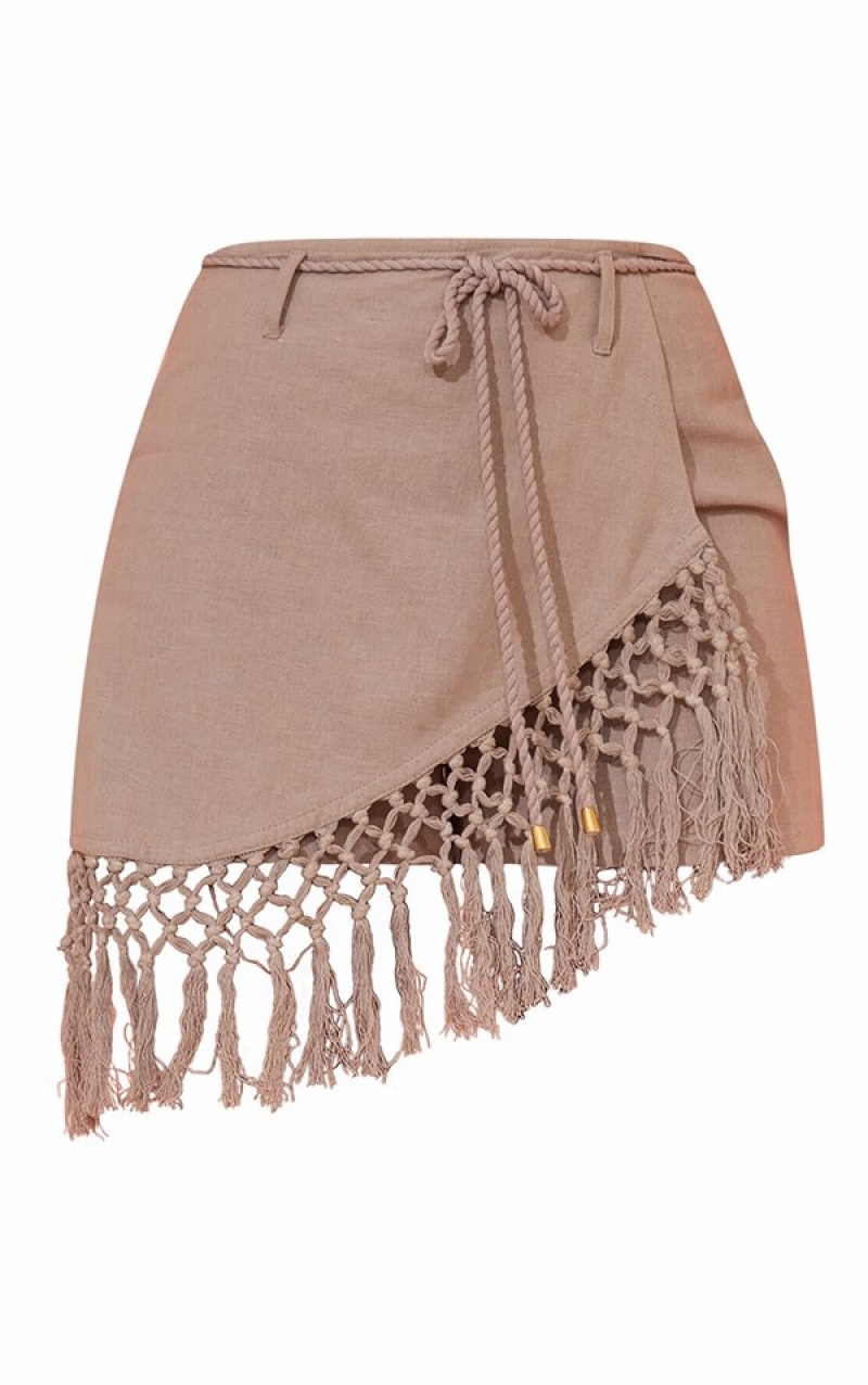 Grey / Brown Pretty Little Thing Taupe Linen Look Crochet Tassel Hem Wrap Shorts | IFQKANT-80