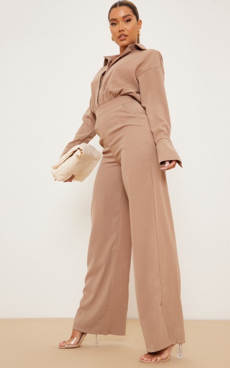 Grey / Brown Pretty Little Thing Taupe Oversized Wide Leg Jumpsuits | DWLXGEC-26