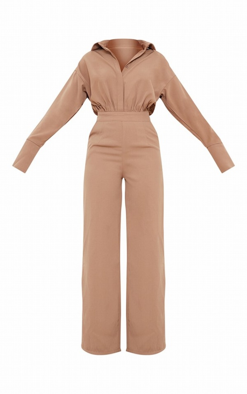 Grey / Brown Pretty Little Thing Taupe Oversized Wide Leg Jumpsuits | DWLXGEC-26