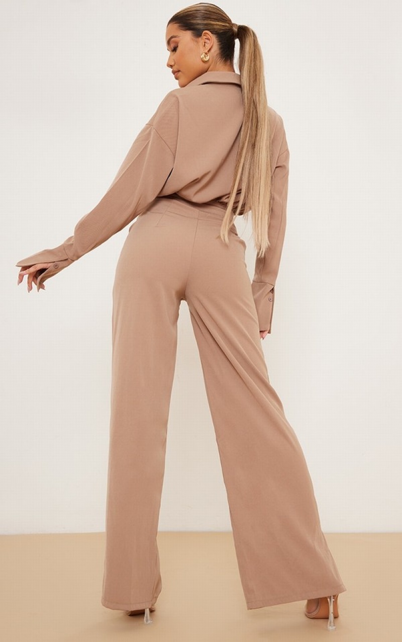 Grey / Brown Pretty Little Thing Taupe Oversized Wide Leg Jumpsuits | DWLXGEC-26