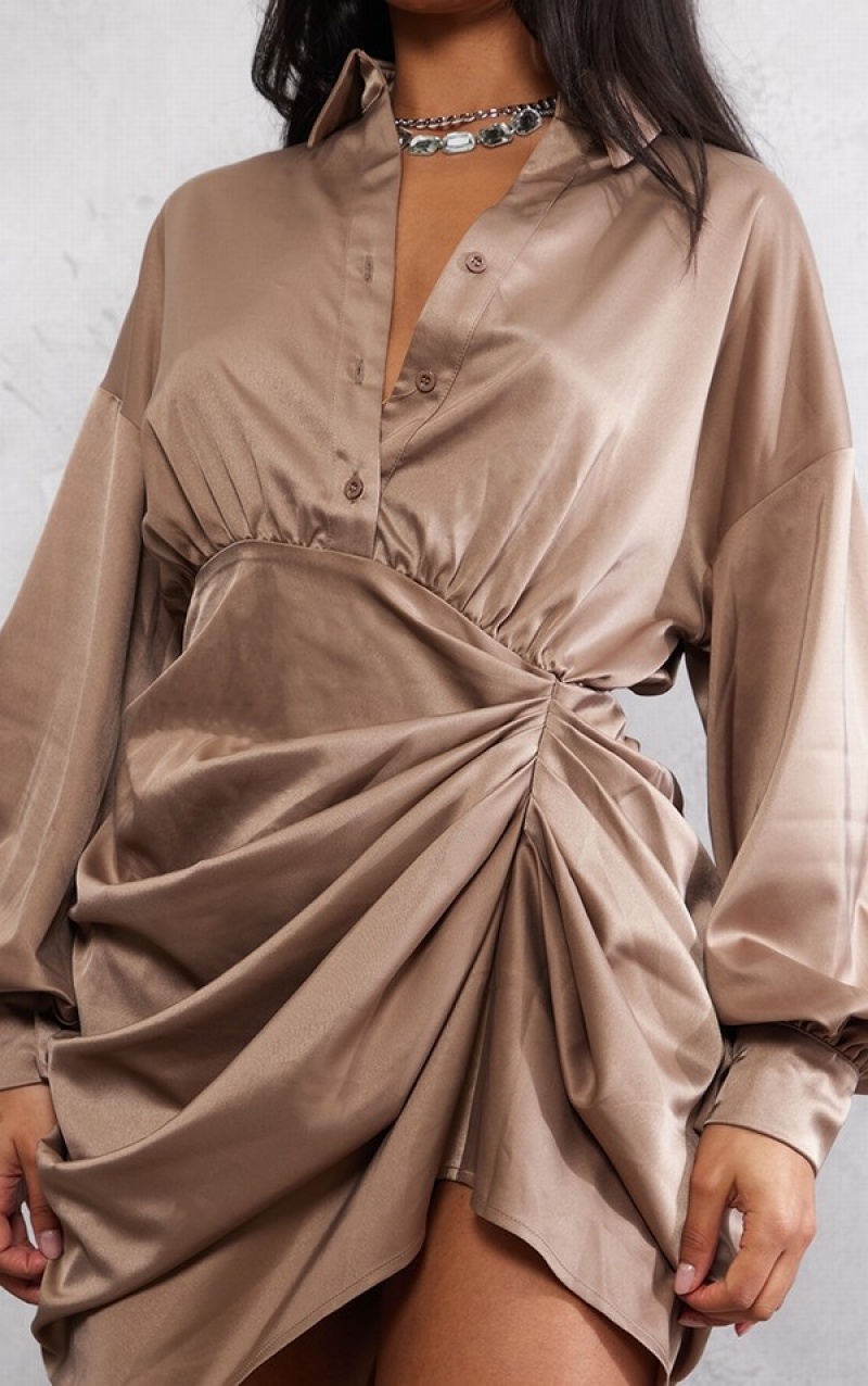 Grey / Brown Pretty Little Thing Taupe Satin Drape Oversized Sleeve Dresses | RZQXSAW-57