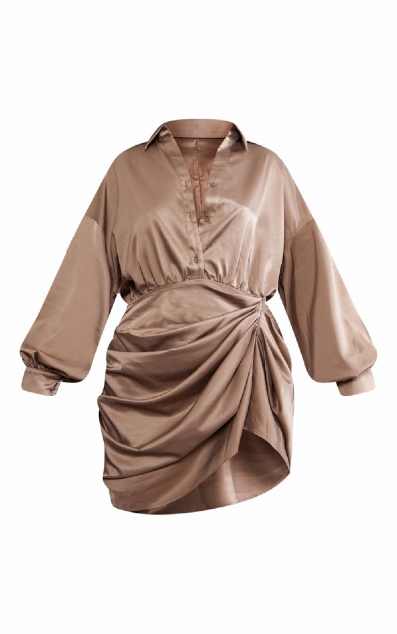 Grey / Brown Pretty Little Thing Taupe Satin Drape Oversized Sleeve Dresses | RZQXSAW-57