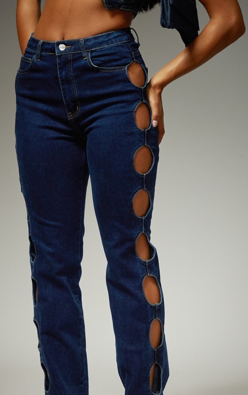 Indigo Pretty Little Thing Indigo Cut Out Side Straight Leg Jean Jeans | WUOLRFB-08