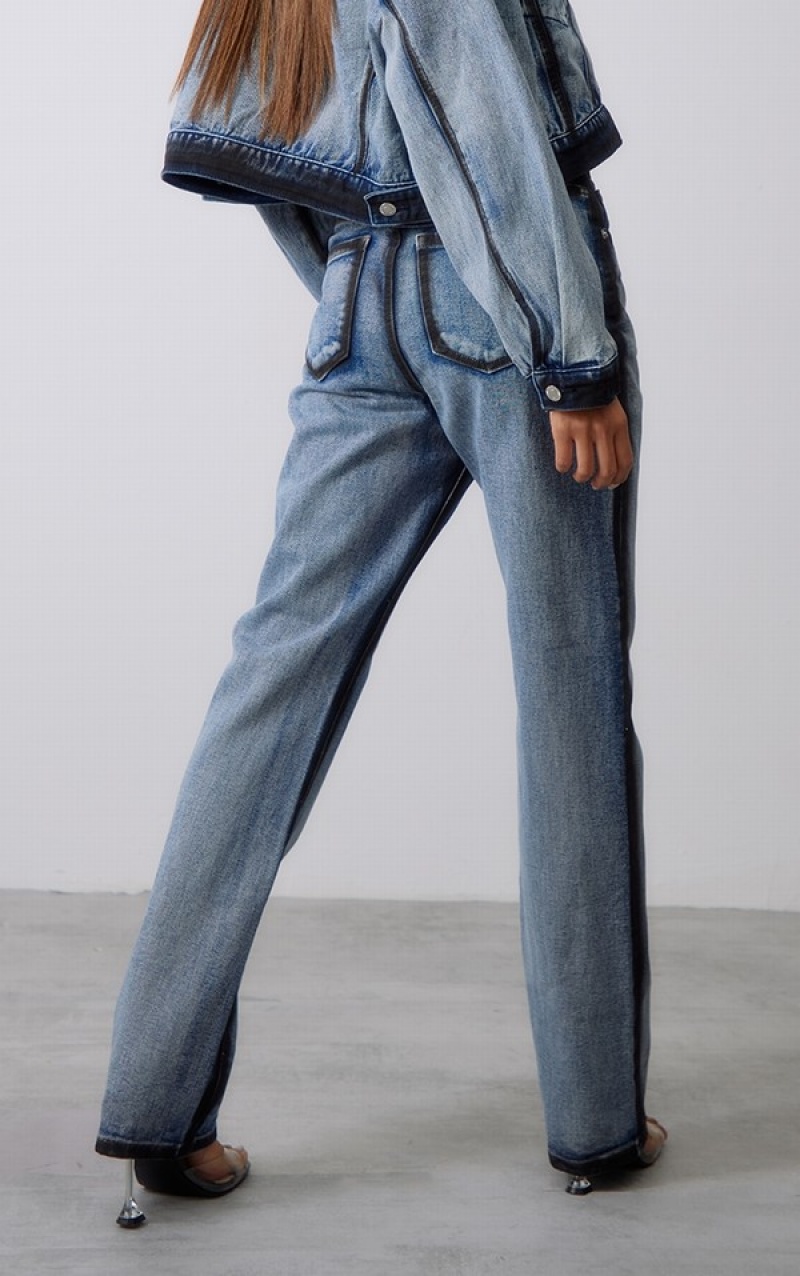 Indigo Pretty Little Thing Indigo Wash Contrast Edge Washed Down Straight Leg Jeans | ARUWMVJ-01