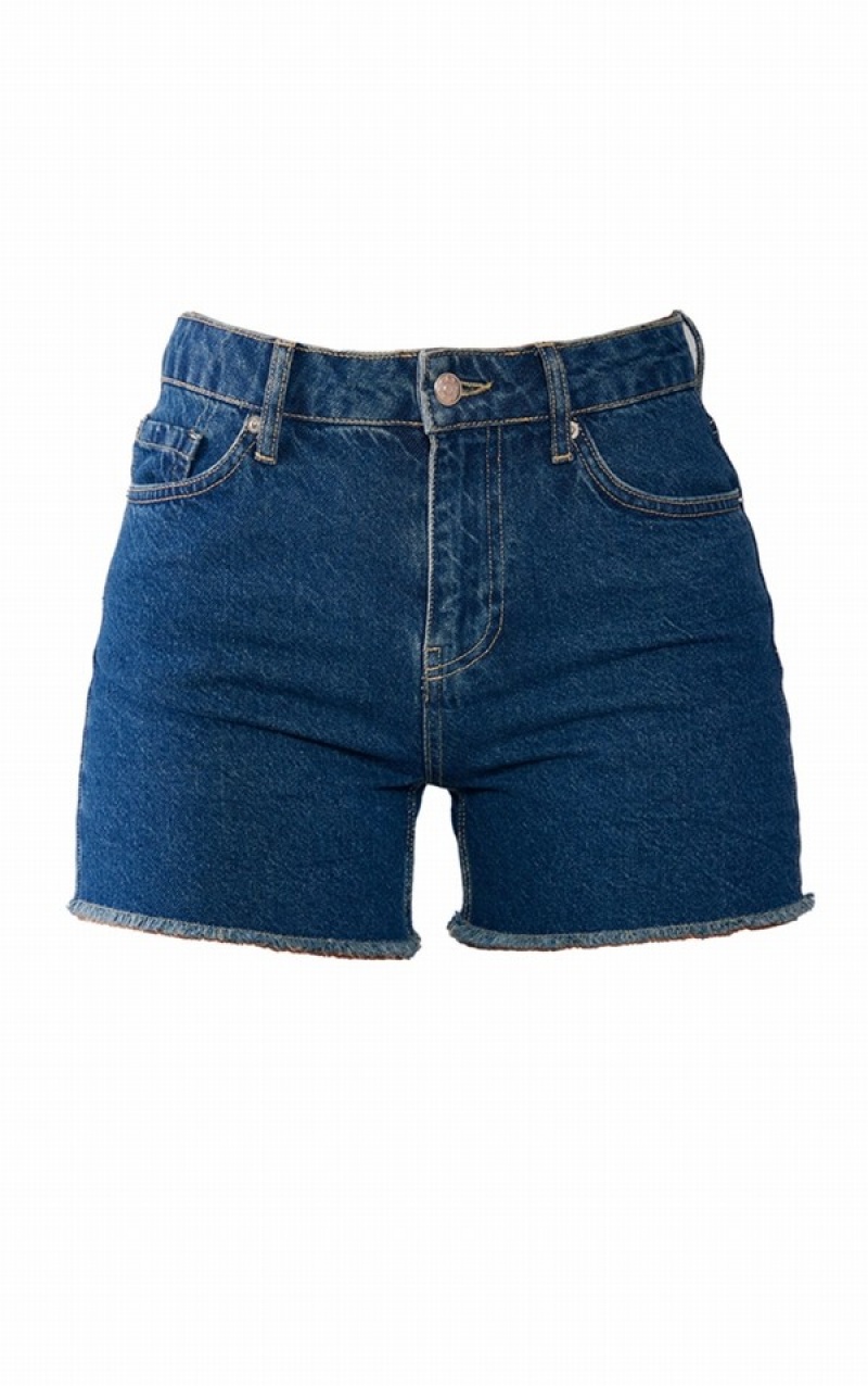 Indigo / Blue / Wash Pretty Little Thing Indigo Wash Raw Hem Mom Shorts | LTIGFVJ-28