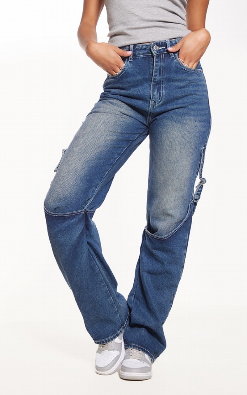 Indigo / Blue / Wash Pretty Little Thing Indigo Wash Chap Detail Straight Leg Jeans | BTVRLWP-60