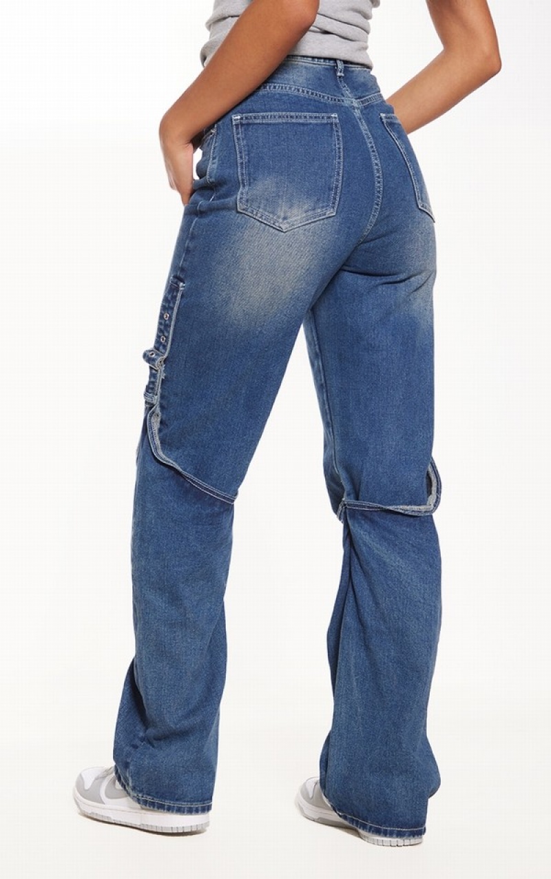 Indigo / Blue / Wash Pretty Little Thing Indigo Wash Chap Detail Straight Leg Jeans | BTVRLWP-60