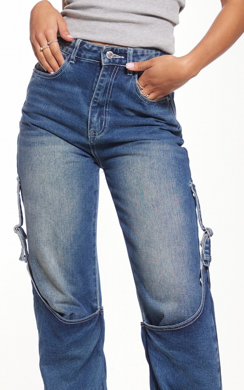 Indigo / Blue / Wash Pretty Little Thing Indigo Wash Chap Detail Straight Leg Jeans | BTVRLWP-60