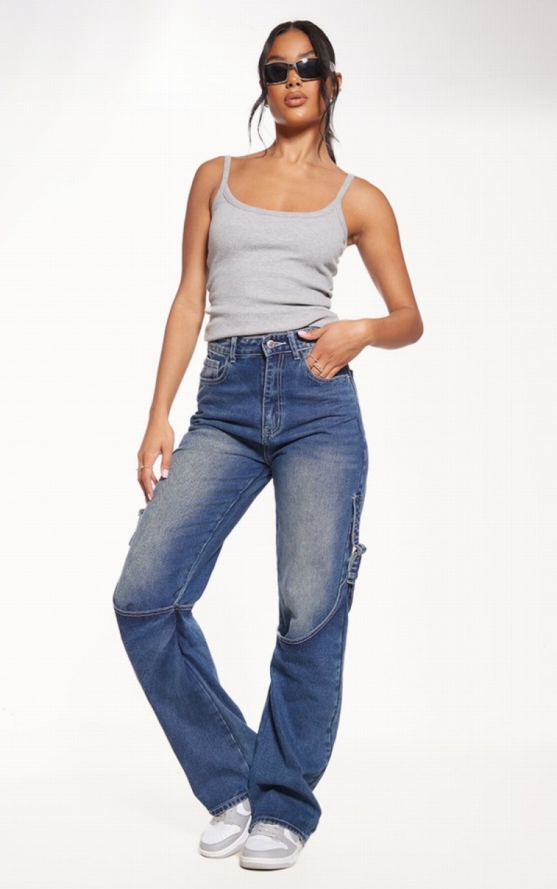 Indigo / Blue / Wash Pretty Little Thing Indigo Wash Chap Detail Straight Leg Jeans | BTVRLWP-60