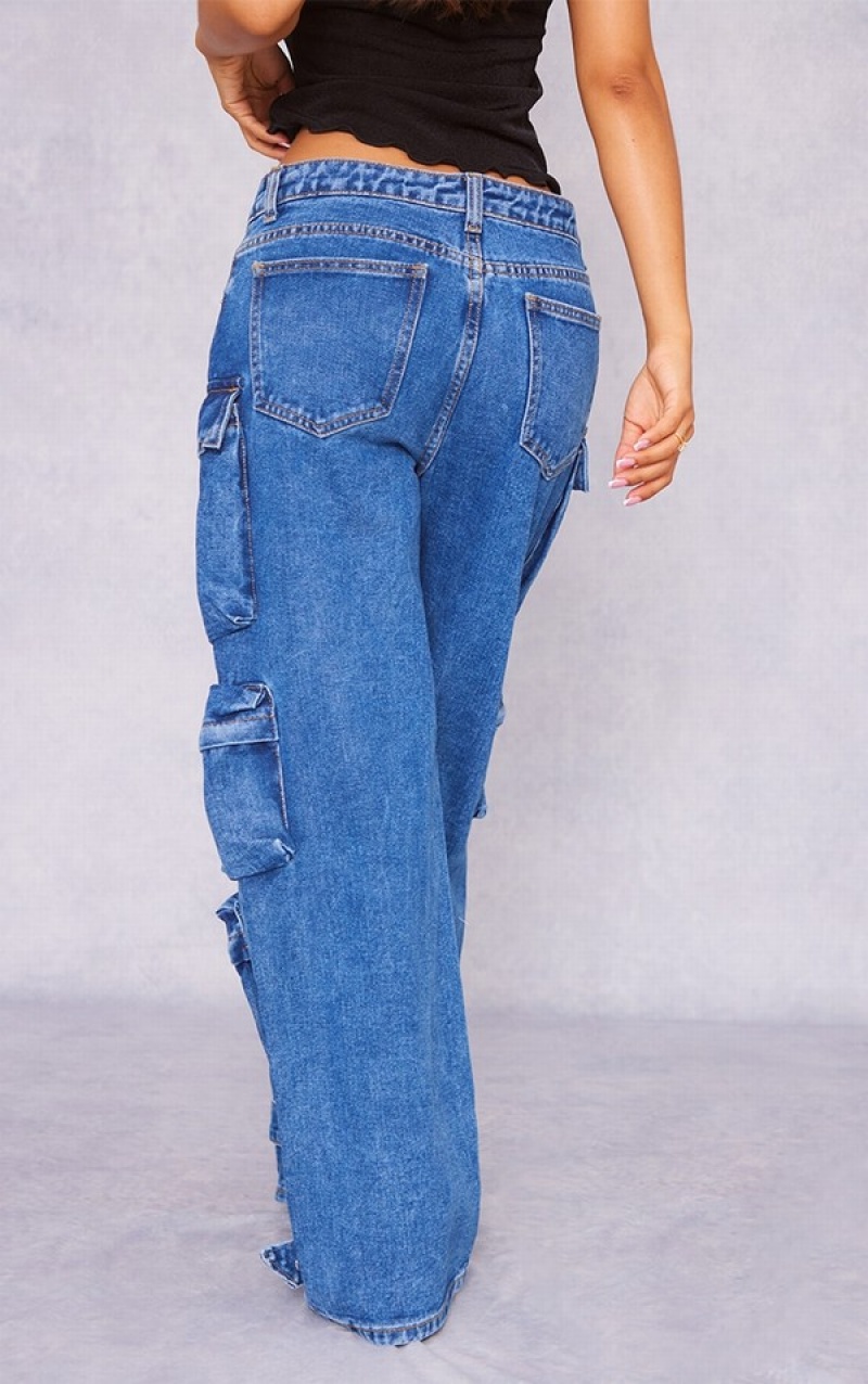 Indigo / Blue / Wash Pretty Little Thing Petite Indigo Wash Pocket Detail Wide Leg Jeans | DMGIYVU-79