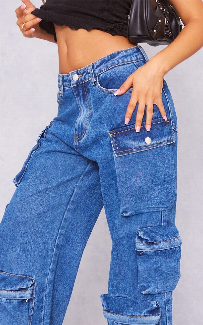 Indigo / Blue / Wash Pretty Little Thing Petite Indigo Wash Pocket Detail Wide Leg Jeans | DMGIYVU-79