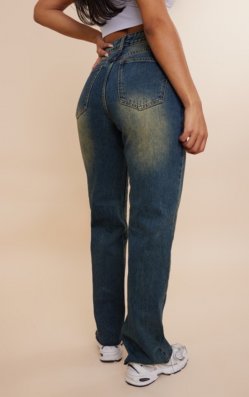 Indigo / Wash Pretty Little Thing Indigo Vintage Wash Frayed Hem Wide Leg Jeans | HBXZOQF-61