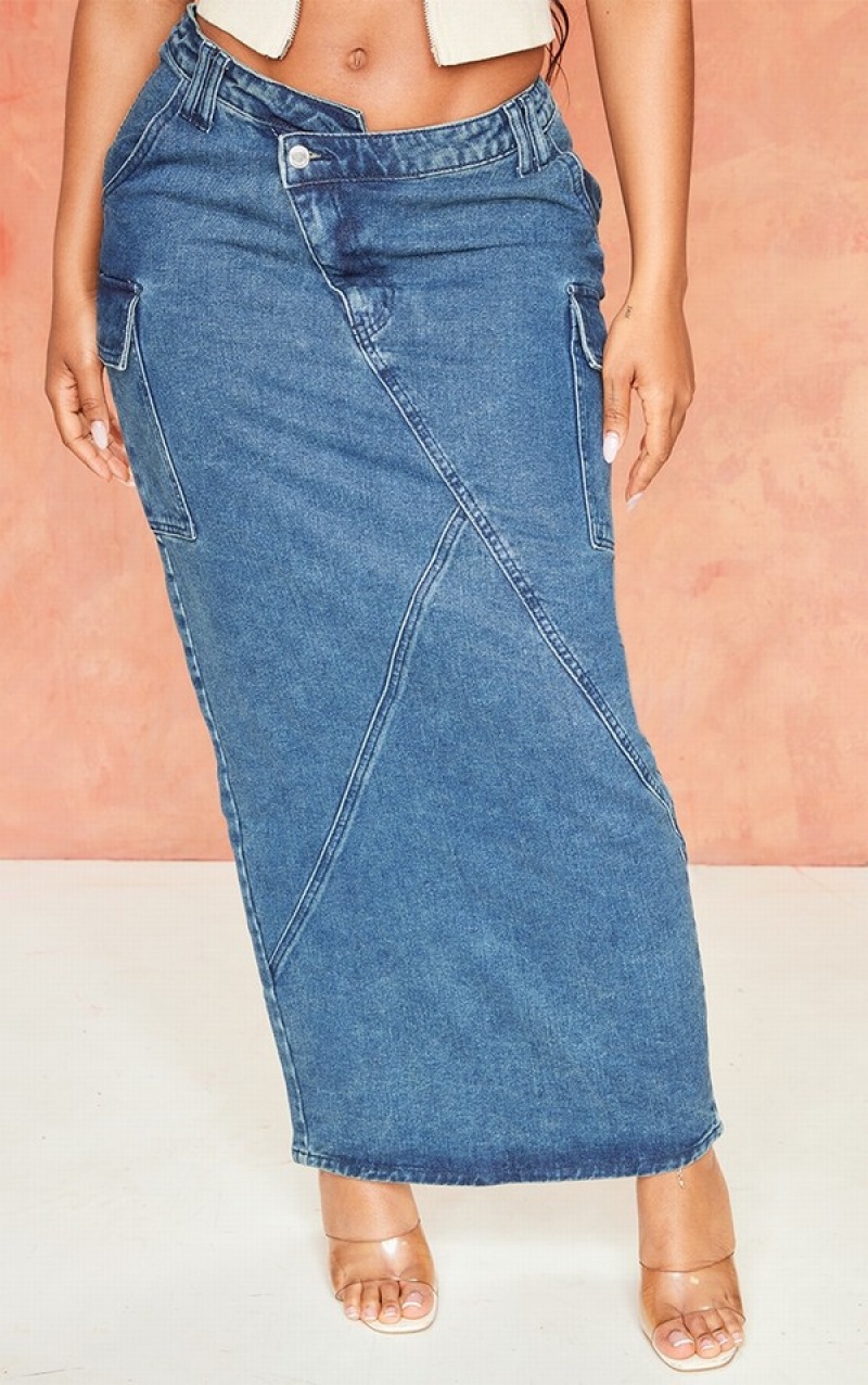 Indigo / Wash Pretty Little Thing Shape Indigo Vintage Wash Asymmetric Seam Maxi Skirts | TNPBYUW-20