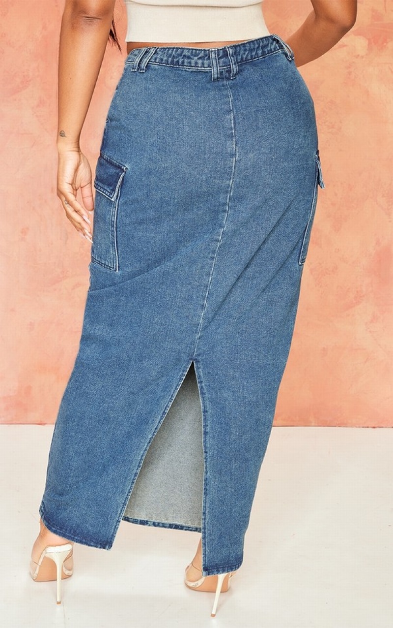 Indigo / Wash Pretty Little Thing Shape Indigo Vintage Wash Asymmetric Seam Maxi Skirts | TNPBYUW-20