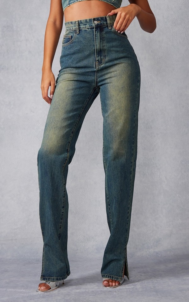 Indigo / Wash Pretty Little Thing Tall Indigo Vintage Wash Split Hem Jeans | HYTAKXN-21