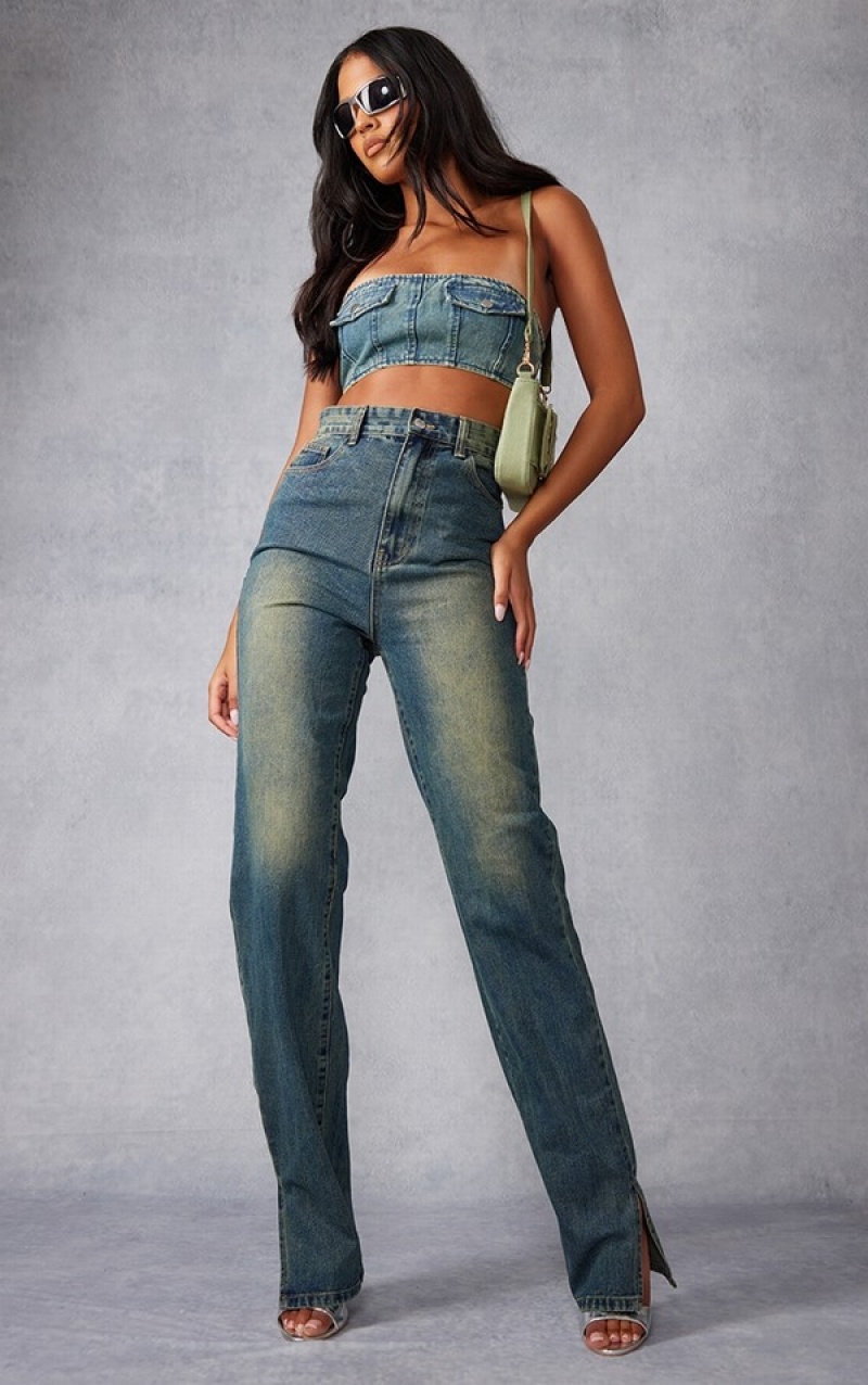 Indigo / Wash Pretty Little Thing Tall Indigo Vintage Wash Split Hem Jeans | HYTAKXN-21