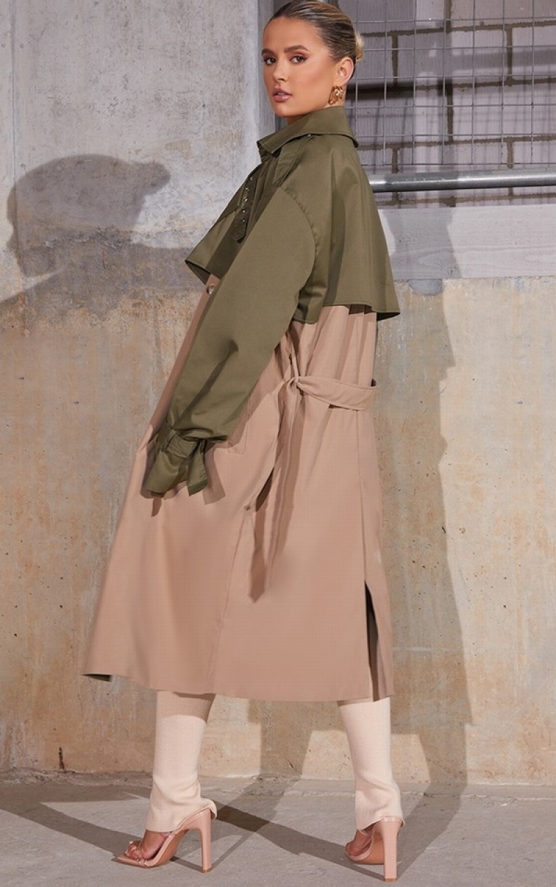 Khaki Pretty Little Thing Contrast Oversized ed Trench Coats | CKFVSZG-68