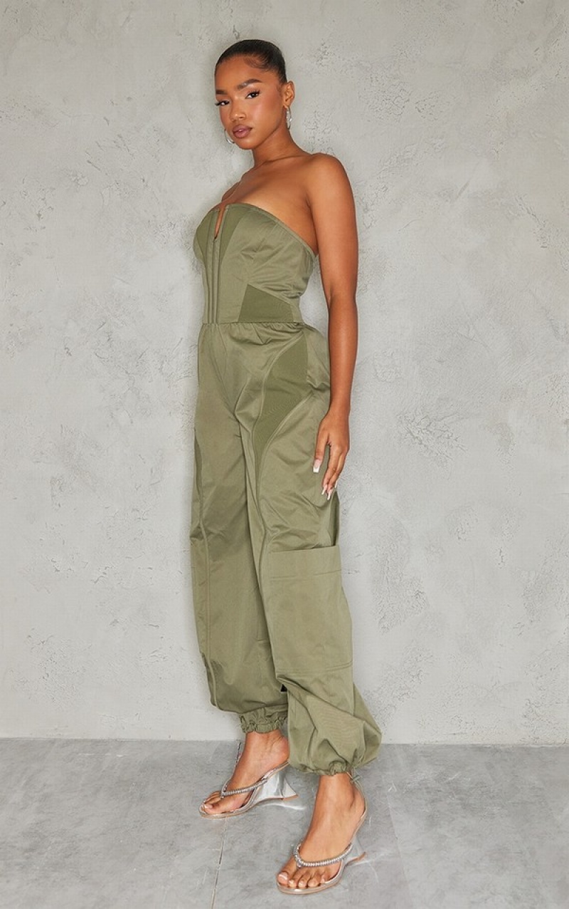 Khaki Pretty Little Thing Contrast Panel V Bar Cargo Jumpsuits | UPWQDYT-05