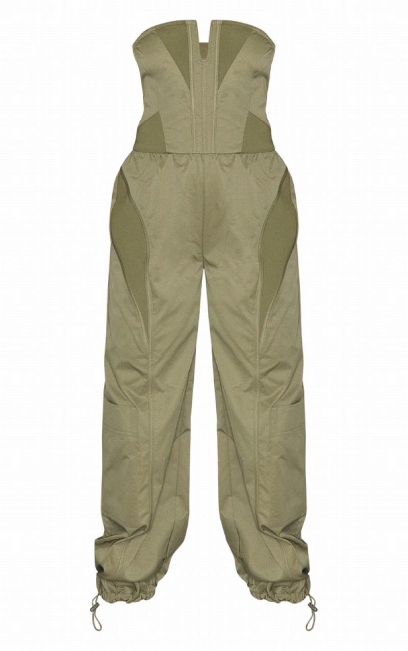 Khaki Pretty Little Thing Contrast Panel V Bar Cargo Jumpsuits | UPWQDYT-05