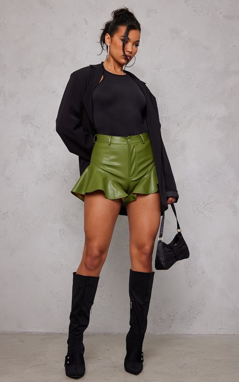 Khaki Pretty Little Thing Faux Leather Frill Hem Shorts | HZBGENX-70