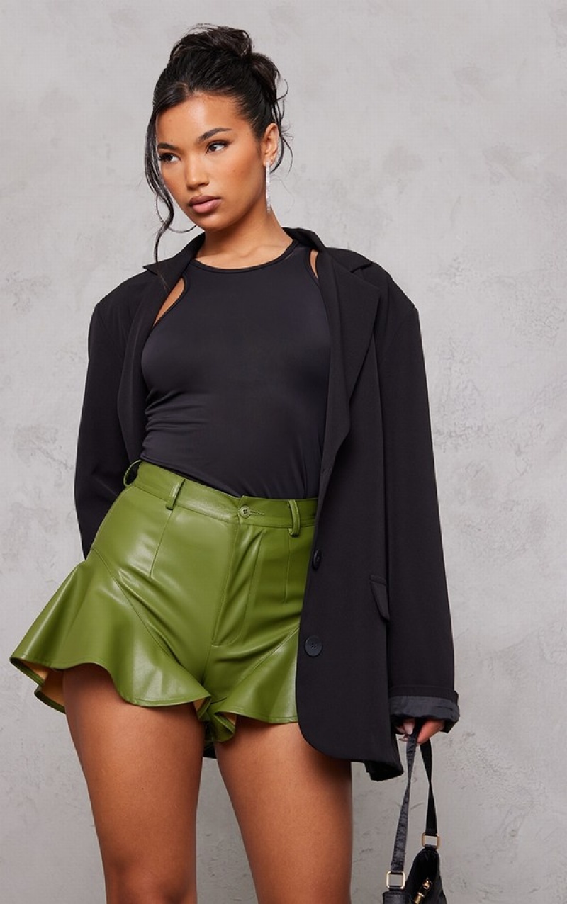 Khaki Pretty Little Thing Faux Leather Frill Hem Shorts | HZBGENX-70