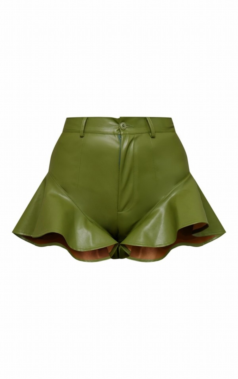 Khaki Pretty Little Thing Faux Leather Frill Hem Shorts | HZBGENX-70