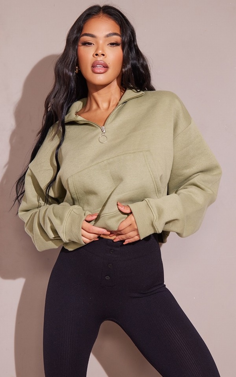 Khaki Pretty Little Thing Half Zip High Neck Cropped Sweatshirts | BRMPXHS-82