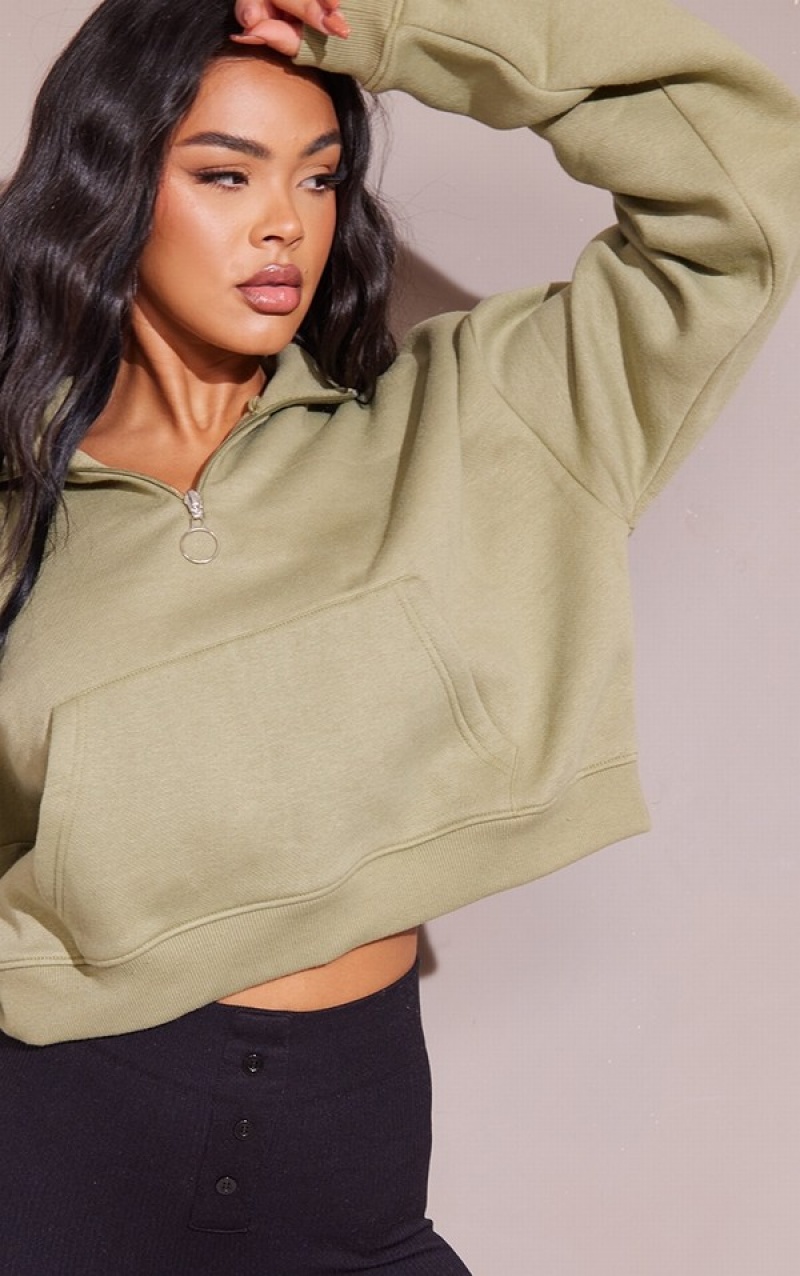 Khaki Pretty Little Thing Half Zip High Neck Cropped Sweatshirts | BRMPXHS-82