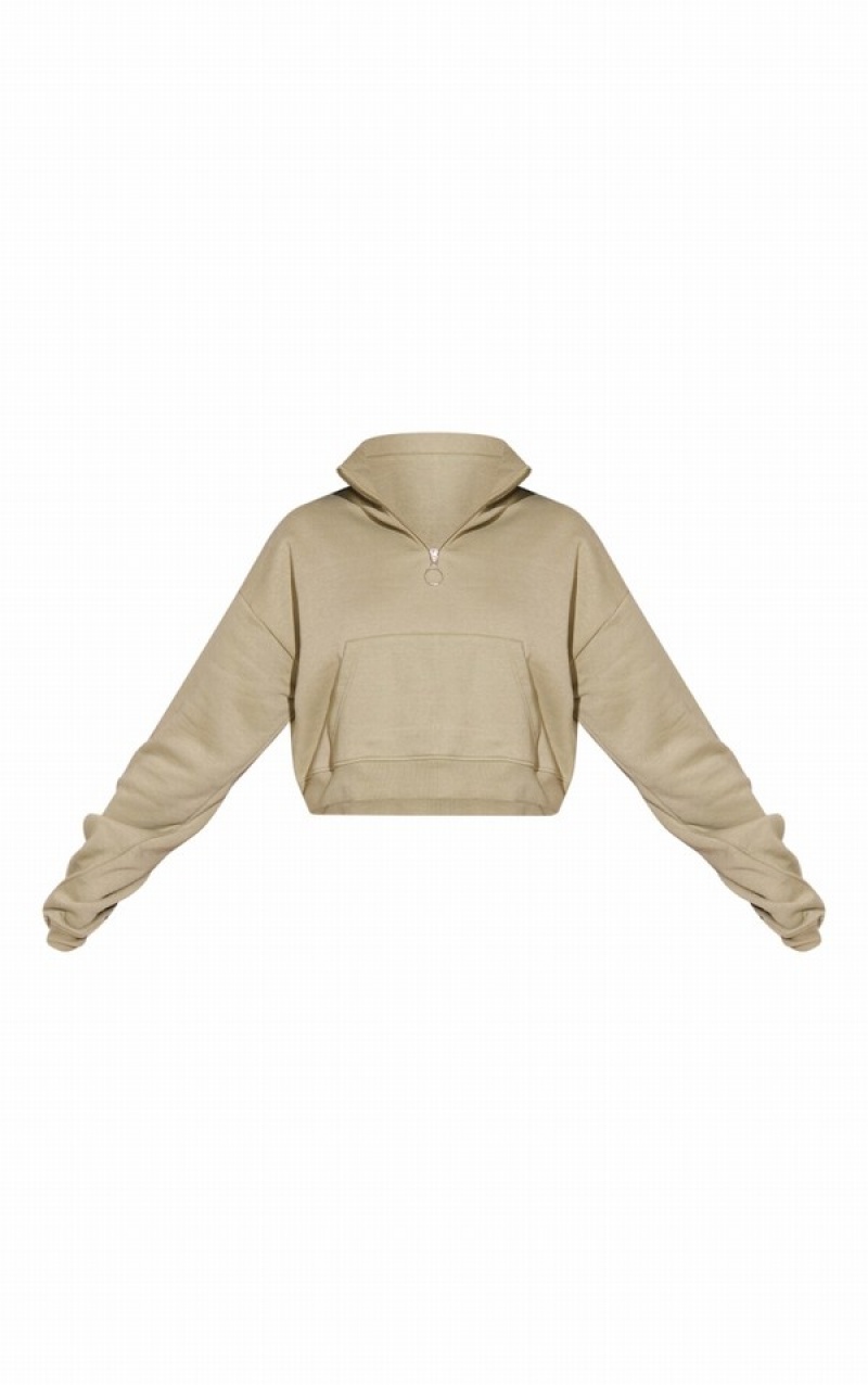 Khaki Pretty Little Thing Half Zip High Neck Cropped Sweatshirts | BRMPXHS-82