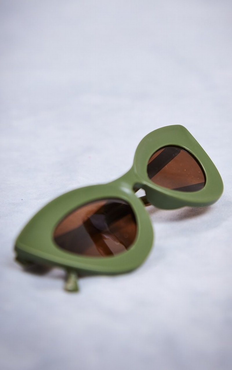 Khaki Pretty Little Thing Matte Edged Frame Cat Eye Sunglasses | MXOANBH-59