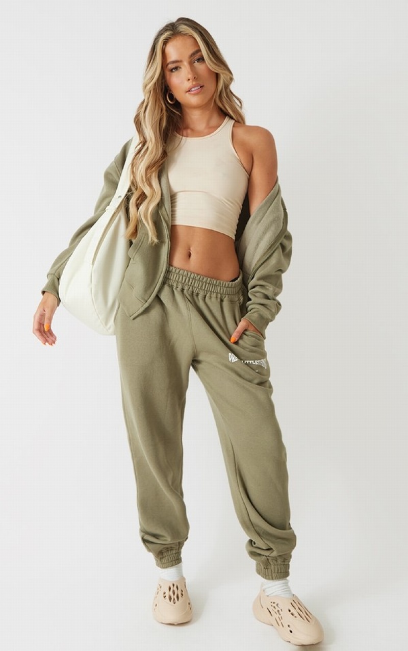 Khaki Pretty Little Thing New Vibe Print Oversized Zip Up Hoodie | QBJRAWE-98