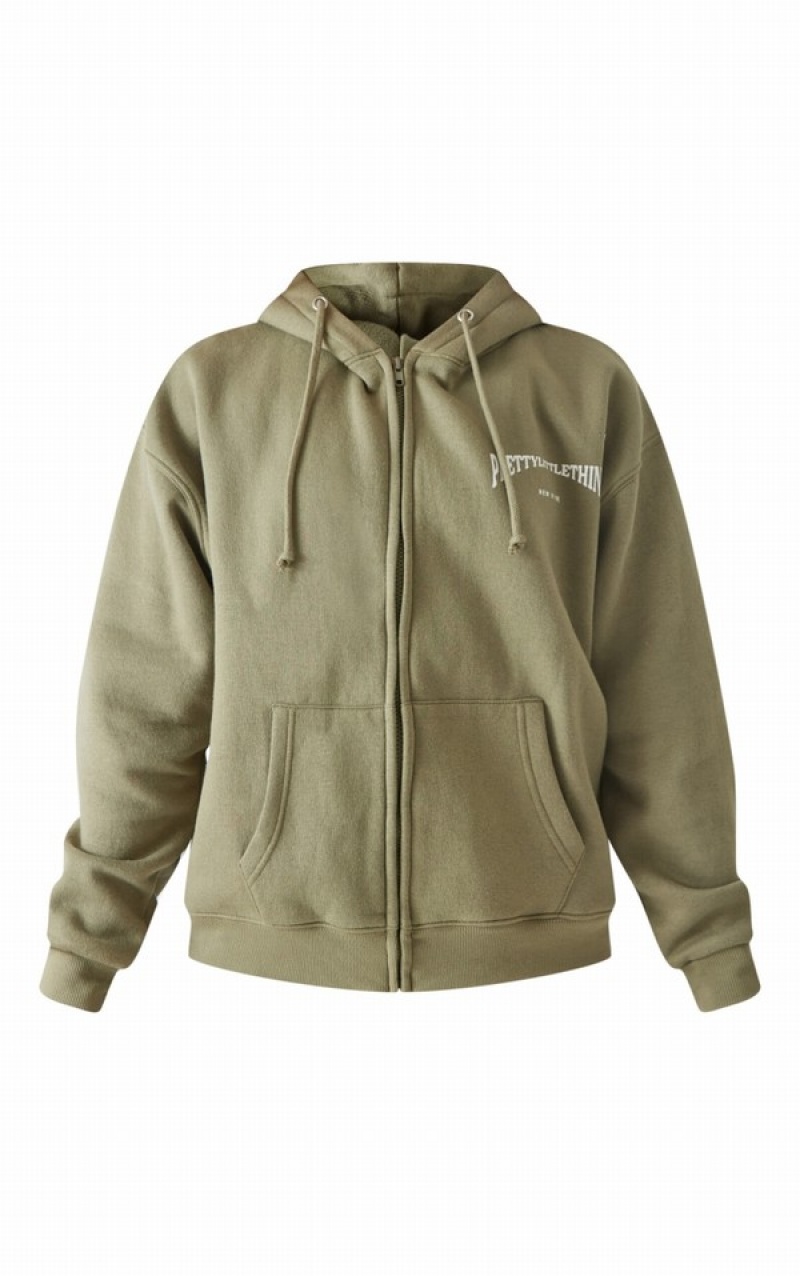 Khaki Pretty Little Thing New Vibe Print Oversized Zip Up Hoodie | QBJRAWE-98