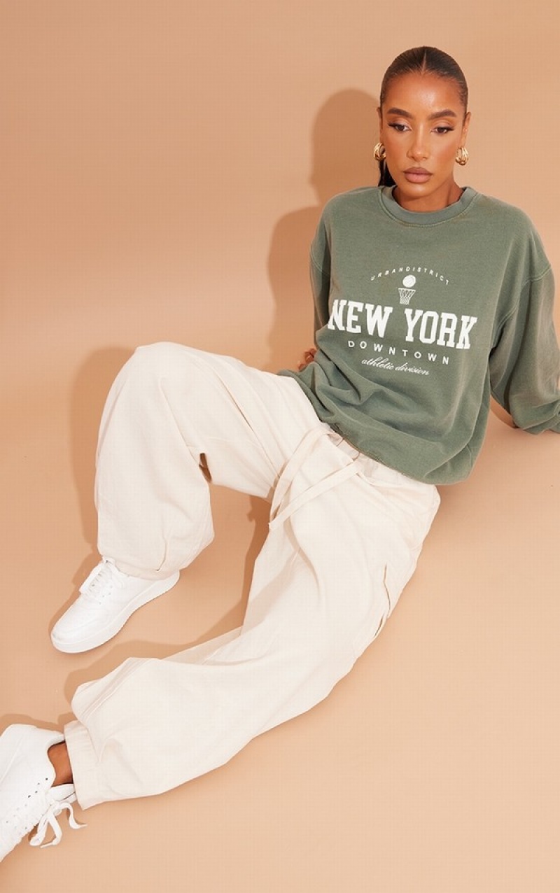 Khaki Pretty Little Thing New York Downtown Graphic Printed Sweatshirts | AEROYQP-30