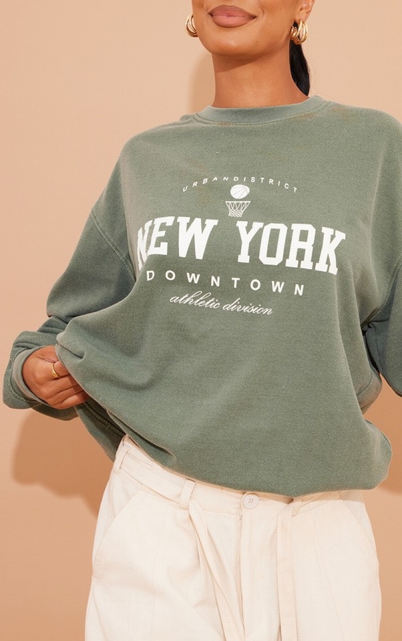 Khaki Pretty Little Thing New York Downtown Graphic Printed Sweatshirts | AEROYQP-30